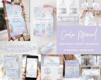 Coralia Mermaid Watercolor Kids Birthday Party Bundle, Birthday Bundle, 15 Essential Party Printables | EDITABLE TEMPLATES #084