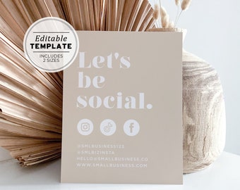 Scandi Minimalist Business Social Media Sign, Lets Be Social Sign, Small Business Printable | EDITABLE TEMPLATE #053 #043