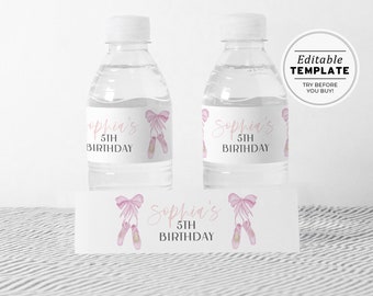 Ballerina Watercolor Birthday Party Water Bottle Wrapper Printable | EDITABLE TEMPLATE #086