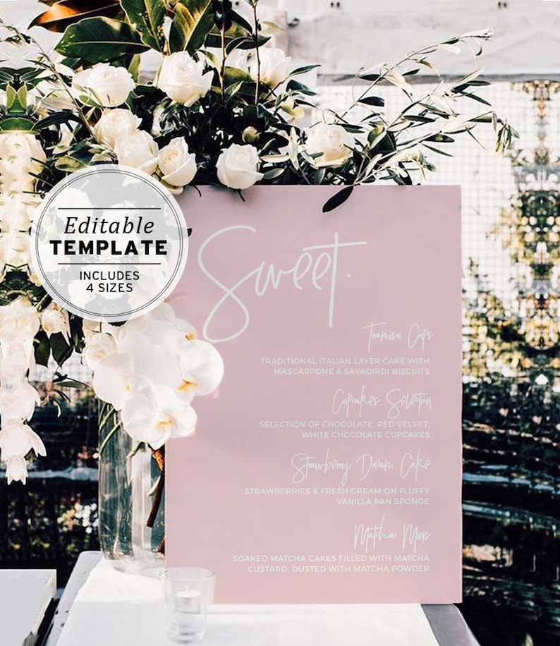 Może przedstawiać: R&oacute;żowe menu deser&oacute;w ślubnych z białym tekstem kaligraficznym. Menu zawiera następujące opcje deser&oacute;w: "Tamar Cupr", "Wyb&oacute;r muffinek", "Tort marzeń truskawkowych" i "Mus matcha".