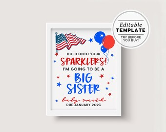 Sparkler Big Sister 4th of July, Memorial Day, Pregnancy Announcement, Photo Prop Sign Template | EDITABLE TEMPLATE