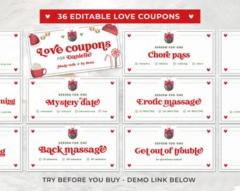 Christmas Printable Love Coupons, Romantic Coupons, Gift For Him, Gift For Her | EDITABLE TEMPLATE #082