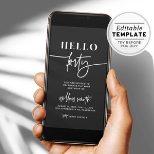Invitación digital minimalista para fiesta de 40 cumpleaños de Hello Forty Willow / PLANTILLA EDITABLE n.° 028