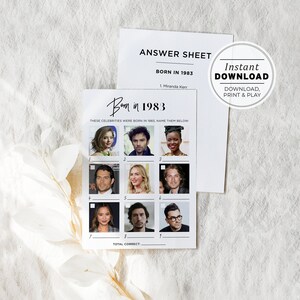 Born in 1983 Birthday Party Game, Celebrities born in 1983, Printable | INSTANT DOWNLOAD #004 Juliette Minimalist