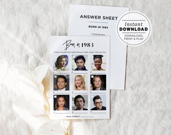 Born in 1983 Birthday Party Game, Celebrities born in 1983, Printable | INSTANT DOWNLOAD #004 Juliette Minimalist