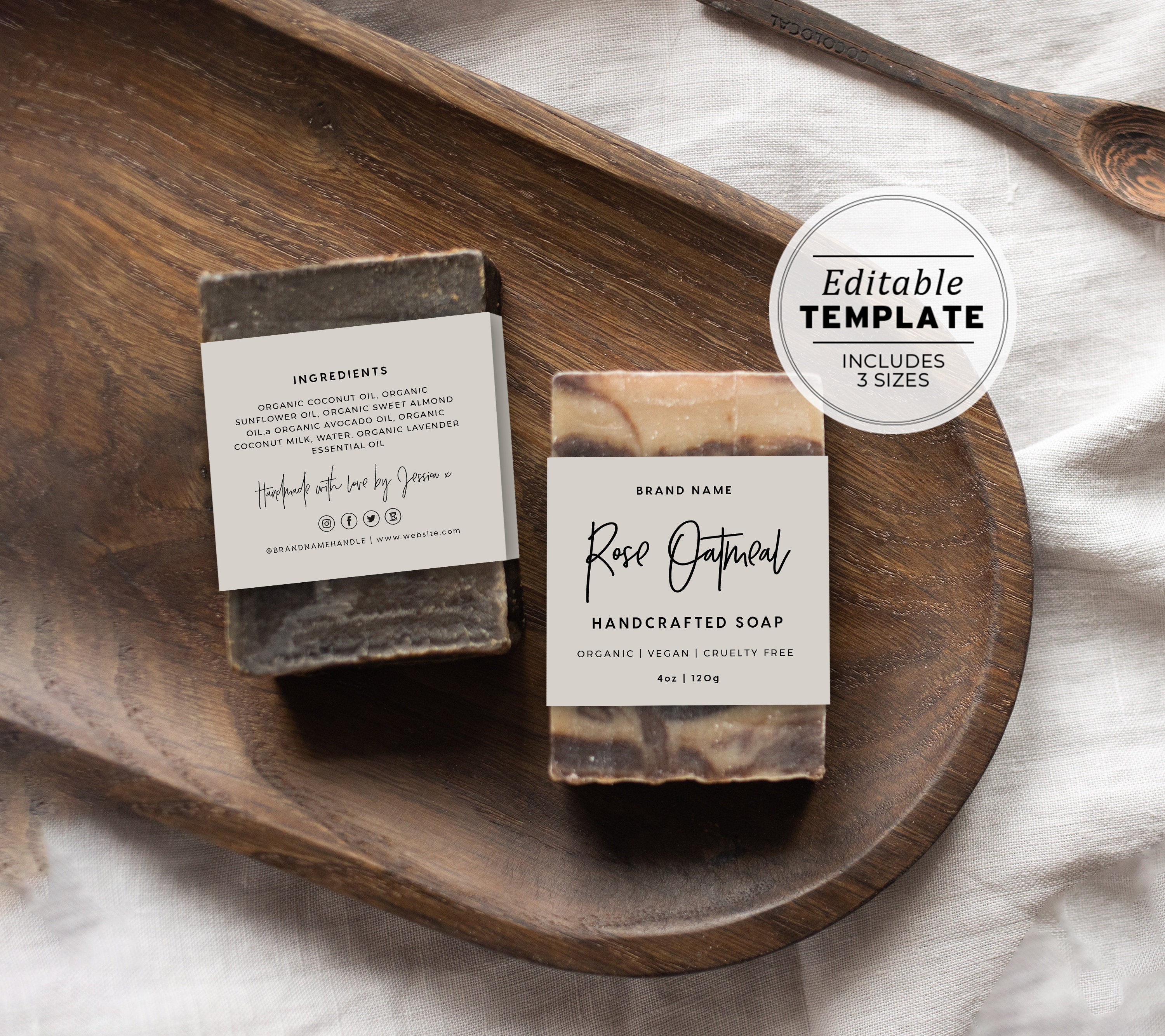 Minimalist Editable Soap Label - 3 SIZES 2.5 x 7/8/9, Belly Band, Soap