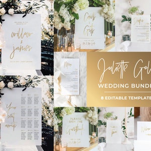 Juliette Gold Minimalist Wedding Signs Bundle, Editable Wedding Templates, Printable Wedding Reception Signs, Wedding Reception Bundle #017