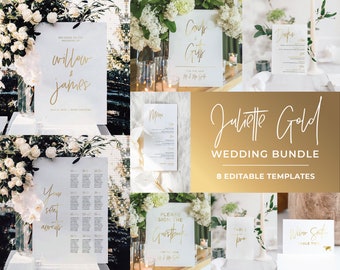 Juliette Gold Minimalist Wedding Signs Bundle, Editable Wedding Templates, Printable Wedding Reception Signs, Wedding Reception Bundle #017