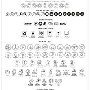 May include: A black and white graphic with icons for product packaging, social media, payment, and laundry care. The icons include symbols for recyclable, flammable, handle with care, keep dry, fragile, this way up, vegan, eco-friendly, natural cosmetics, fresh cosmetics, handmade product, for sensitive skin, natural ingredients, machine wash normal, machine wash gentle, do not machine wash, hand wash, do not iron, can iron, do not dry clean, dry clean, tumble dry, do not tumble dry, drip dry in shade, drip dry, do not wring, bleach when needed, do not bleach, line dry, line dry in shade, dry flat, dry flat in shade.