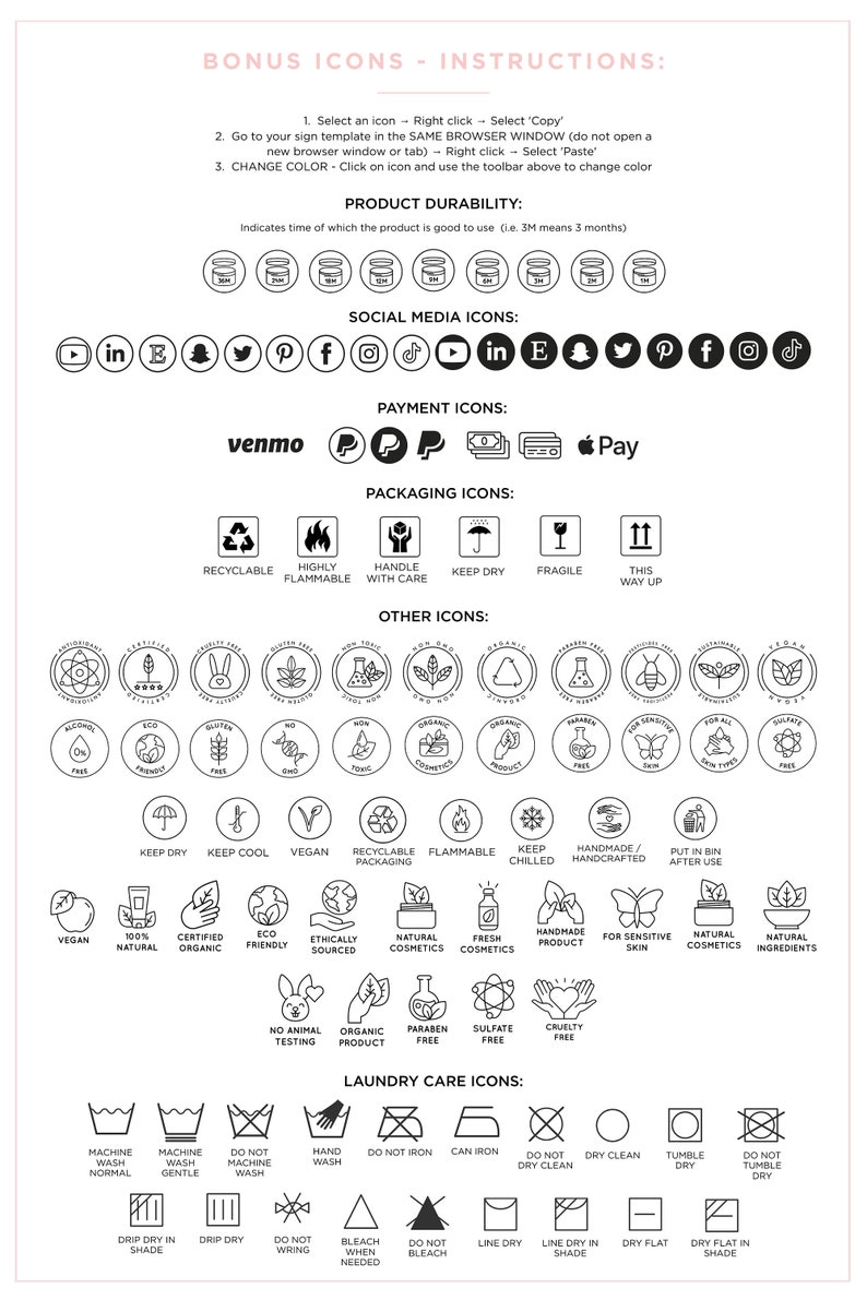 May include: A black and white graphic with icons for product packaging, social media, payment, and laundry care. The icons include symbols for recyclable, flammable, handle with care, keep dry, fragile, this way up, vegan, eco-friendly, natural cosmetics, fresh cosmetics, handmade product, for sensitive skin, natural ingredients, machine wash normal, machine wash gentle, do not machine wash, hand wash, do not iron, can iron, do not dry clean, dry clean, tumble dry, do not tumble dry, drip dry in shade, drip dry, do not wring, bleach when needed, do not bleach, line dry, line dry in shade, dry flat, dry flat in shade.