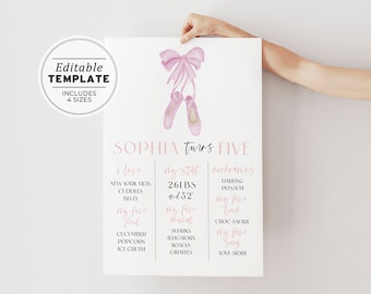 Ballerina Birthday Milestone Board Template, Minimalist Birthday Milestone Poster | PRINTABLE EDITABLE TEMPLATE #086