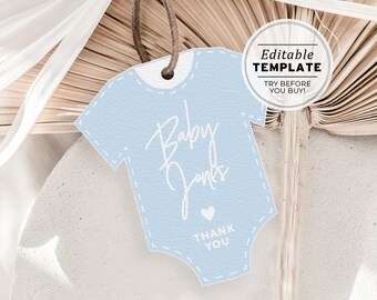 Powder Blue Baby Onesie Party Favor Tag Template, Custom Printable Tag | EDITABLE TEMPLATE #036