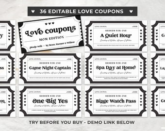 Printable Love Coupons For Mom, Mother's Day Gift, Birthday Gift for Mom, Mother's Day Gift | EDITABLE TEMPLATE