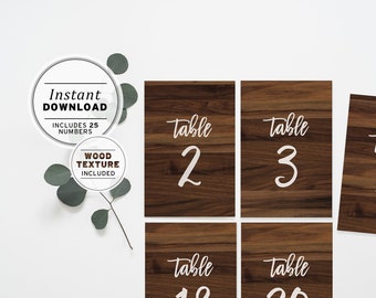 Wood Textured Wedding Table Numbers Sign, Printable Rustic Table Numbers, Instant Download, Set of 25