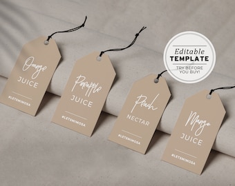 Nue Minimalist 'Mimosa Bar' Juice Carafe Hanging Tags | PRINTABLE EDITABLE TEMPLATE #038