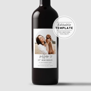 Noir Arch Minimalist 21st Birthday Party Custom Wine Label, Personalized Wine Label, Photo Wine Label Template, Printable Wine Label #049