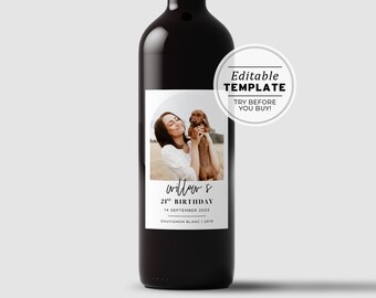 Noir Arch Minimalist 21st Birthday Party Custom Wine Label, Personalized Wine Label, Photo Wine Label Template, Printable Wine Label #049