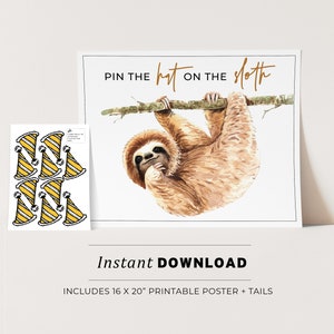 Pin the Hat on the Sloth Kids Party Game Printable Poster, Birthday Party Game, INSTANT DOWNLOAD