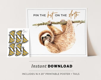 Pin the Hat on the Sloth Kids Party Game Printable Poster, Birthday Party Game, INSTANT DOWNLOAD