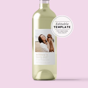 Scandi Minimalist 21st Birthday Photo Wine Label Template, Custom Party Favors, Personalized Wine Label, Wine Gift Label #035