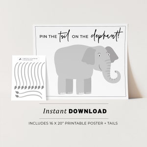 Könnte beinhalten: Druckbares Spiel für eine Babyparty oder einen Geburtstag. Das Spiel heißt "Pin the Tail on the Elephant". Das Spiel beinhaltet ein 40,6 x 50,8 cm großes Poster mit einem grauen Elefanten und ein Blatt mit grauen Elefantenrüsseln zum Ausschneiden.