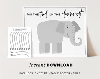 Pin the Tail on the Elephant Kids Party Game Printable Poster, Birthday Party Game, INSTANT DOWNLOAD