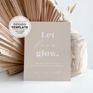 Scandi Minimalist Let Love Glow Sign, Wedding Glow Stick Send Off Sign, Glow Stick Wedding Sign Template #047
