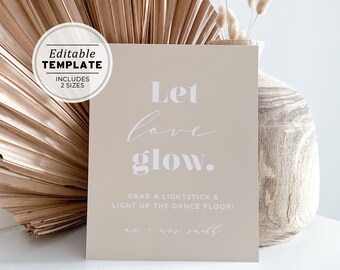 Scandi Minimalist Let Love Glow Sign, Wedding Glow Stick Send Off Sign, Glow Stick Wedding Sign Template #047