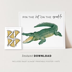 May include: Printable game poster featuring a green alligator with its mouth open, and the text "PIN THE hat ON THE crocodile".  The poster includes five yellow and black striped hats to cut out and use for the game.  The poster is available in two sizes: 40.6cm x 50.8cm and 61cm x 91.4cm.