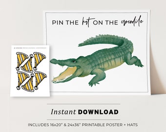 Pin the Hat on the Crocodile Kids Party Game Printable Poster, Birthday Party Game, INSTANT DOWNLOAD