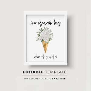Ice Cream Bar Sign, Sundae Bar, Minimalist Wedding, Baby Shower, Bridal Shower Ice Cream Bar, Dessert Sign | EDITABLE TEMPLATE #028 Willow