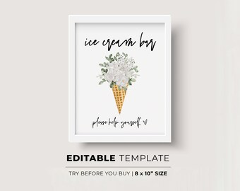 Ice Cream Bar Sign, Sundae Bar, Minimalist Wedding, Baby Shower, Bridal Shower Ice Cream Bar, Dessert Sign | EDITABLE TEMPLATE #028 Willow