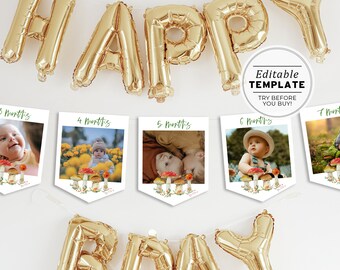 Minimalist Wild Mushroom Birthday Party Photo Banner Printable | EDITABLE TEMPLATE #057