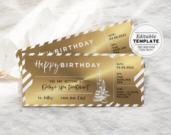 Printable Gold Spa Gift Voucher Birthday Gift Template, Surprise Gift Certificate | EDITABLE TEMPLATE #082