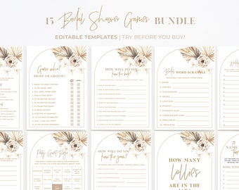 Palms & Roses Boho Bridal Shower Games Bundle - Set of 15, Wedding Shower Games, Bridal Party Games, Printable | EDITABLE TEMPLATE #024