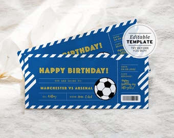 Printable Football Soccer Game Ticket Birthday Gift Template, Party Invitation | EDITABLE TEMPLATE #077 #082