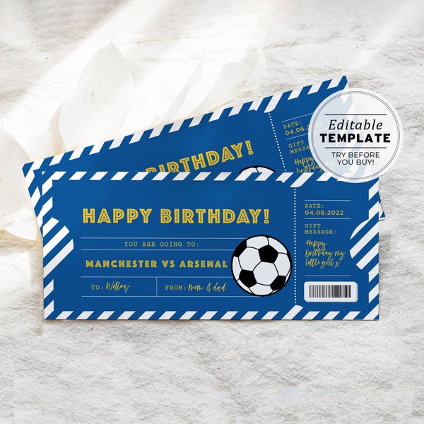 Printable Football Soccer Game Ticket Birthday Gift Template, Party Invitation | EDITABLE TEMPLATE #077 #082