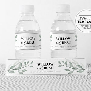 Étiquette de bouteille d'eau de mariage minimaliste Chelsea Leafy | MODÈLE MODIFIABLE #068