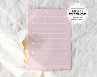 Blush Minimalist Bridal Shower Advice and Well Wishes Card, Wedding Shower Games, Hens Party Games | INSTANT DOWNLOAD #035
