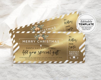 Gold Printable Christmas Voucher from Santa, Christmas Gift Template, Santa Gift Certificate | EDITABLE TEMPLATE #082