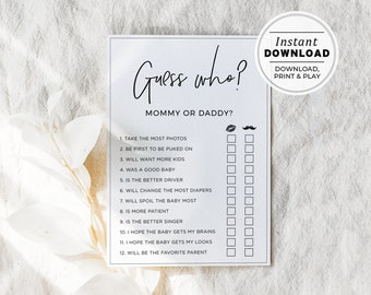 Guess Who Mommy or Daddy Baby Shower Game, Who Said it Mom or Dad Baby Shower Game, Fun Guessing Game, Printable Instant Download #004