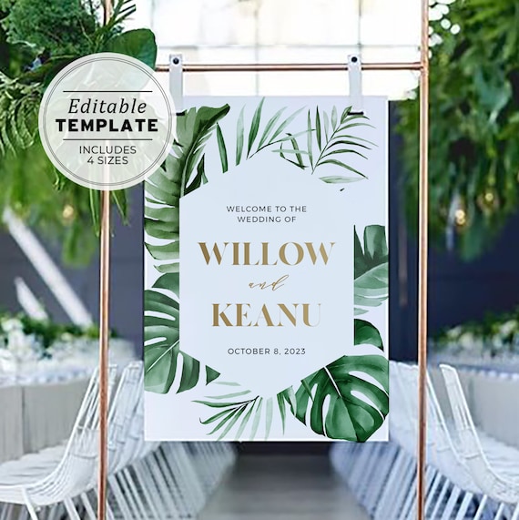Tui Tropical Leaf Gold Wedding Welcome Sign EDITABLE TEMPLATE