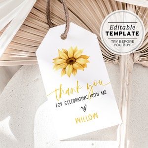 Minimalist Sunflower Favor Tag, Sunflower Thank you Tag, Sunflower Gift Tags | PRINTABLE EDITABLE TEMPLATE #081