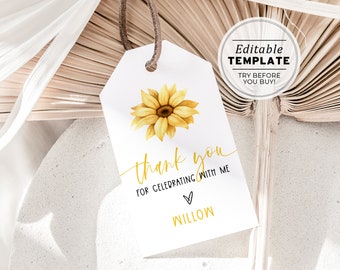 Minimalist Sunflower Favor Tag, Sunflower Thank you Tag, Sunflower Gift Tags | PRINTABLE EDITABLE TEMPLATE #081