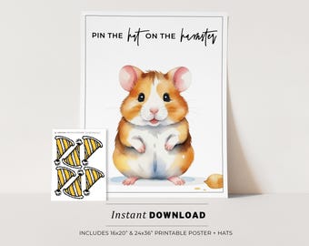 Pin the Hat on the Hamster Kids Party Game Printable Poster, Birthday Party Game | INSTANT DOWNLOAD