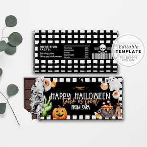 May include: Black and white checkered chocolate bar wrapper with a nutrition facts label and a Halloween-themed design. The wrapper says "Happy Halloween trick or treat from Sara".