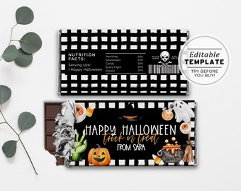 Watercolor Halloween Wrapper Template, Trick or Treat Chocolate, Hershey's 1.55oz Bar, Aldi Chocolate | EDITABLE TEMPLATE, Printable #080