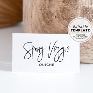 Tarjetas con nombres de platos de buffet, opciones planas y en forma de carpa, tarjetas con nombres de comida / PLANTILLA EDITABLE PARA IMPRIMIR N.° 004 Juliette Minimalist