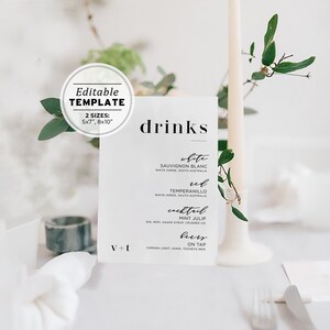 Mr White Wedding Bar Menu Template, Minimalist Bar Menu Sign, Printable Wedding Drink Sign, 8x10" Editable Wedding Sign #001
