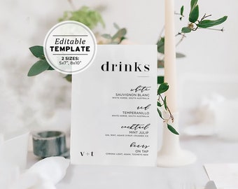 Mr White Wedding Bar Menu Template, Minimalist Bar Menu Sign, Printable Wedding Drink Sign, 8x10" Editable Wedding Sign #001